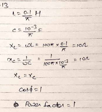 Handwritten working showing a power-factor calculation
